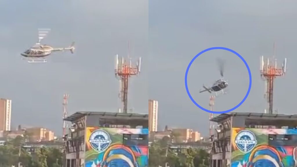 Helicóptero perdió el control en Medellín y quedó colgado de una torre eléctrica